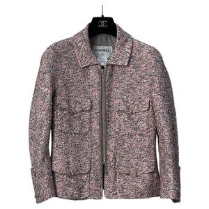 CHANEL Pink and Cream Tweed Zip Front Jacket